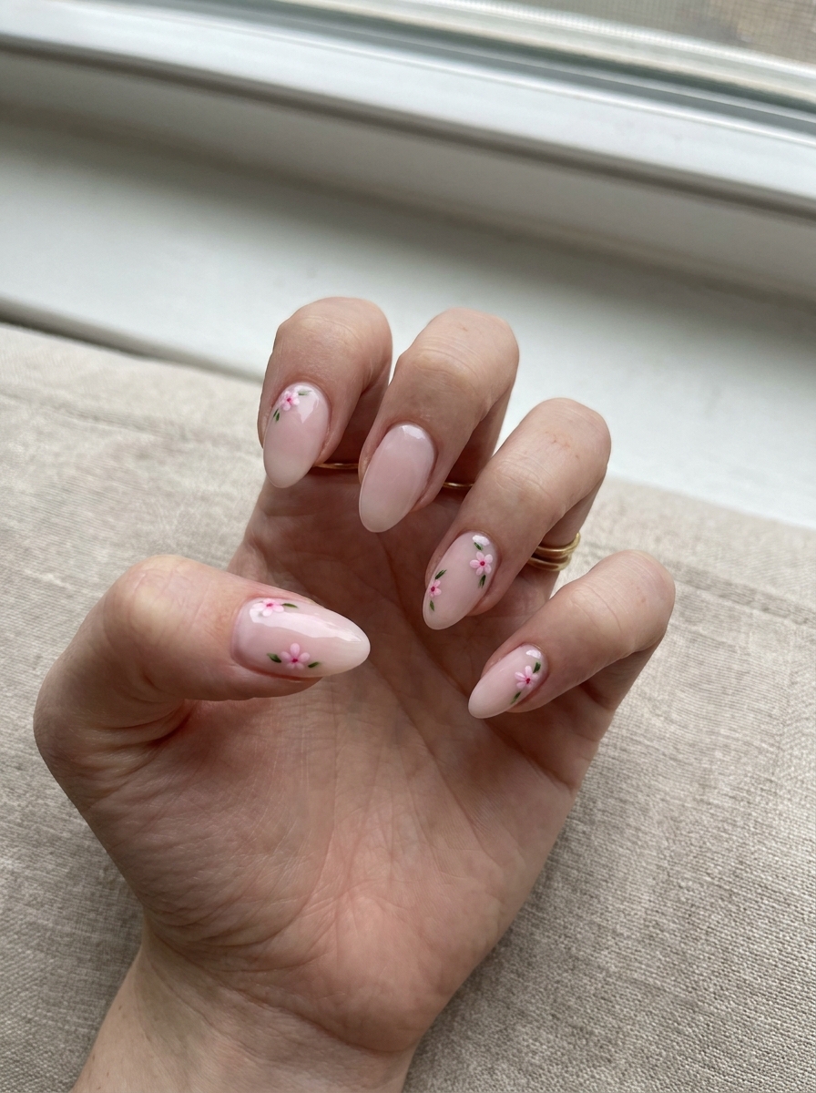 Rosa Blumen Nägel mit milchiger Basis und kleinen pinken Blüten